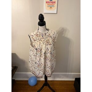 Max Studio Cream Wildflower Print Smocked Sleeveless Blouse, Size M